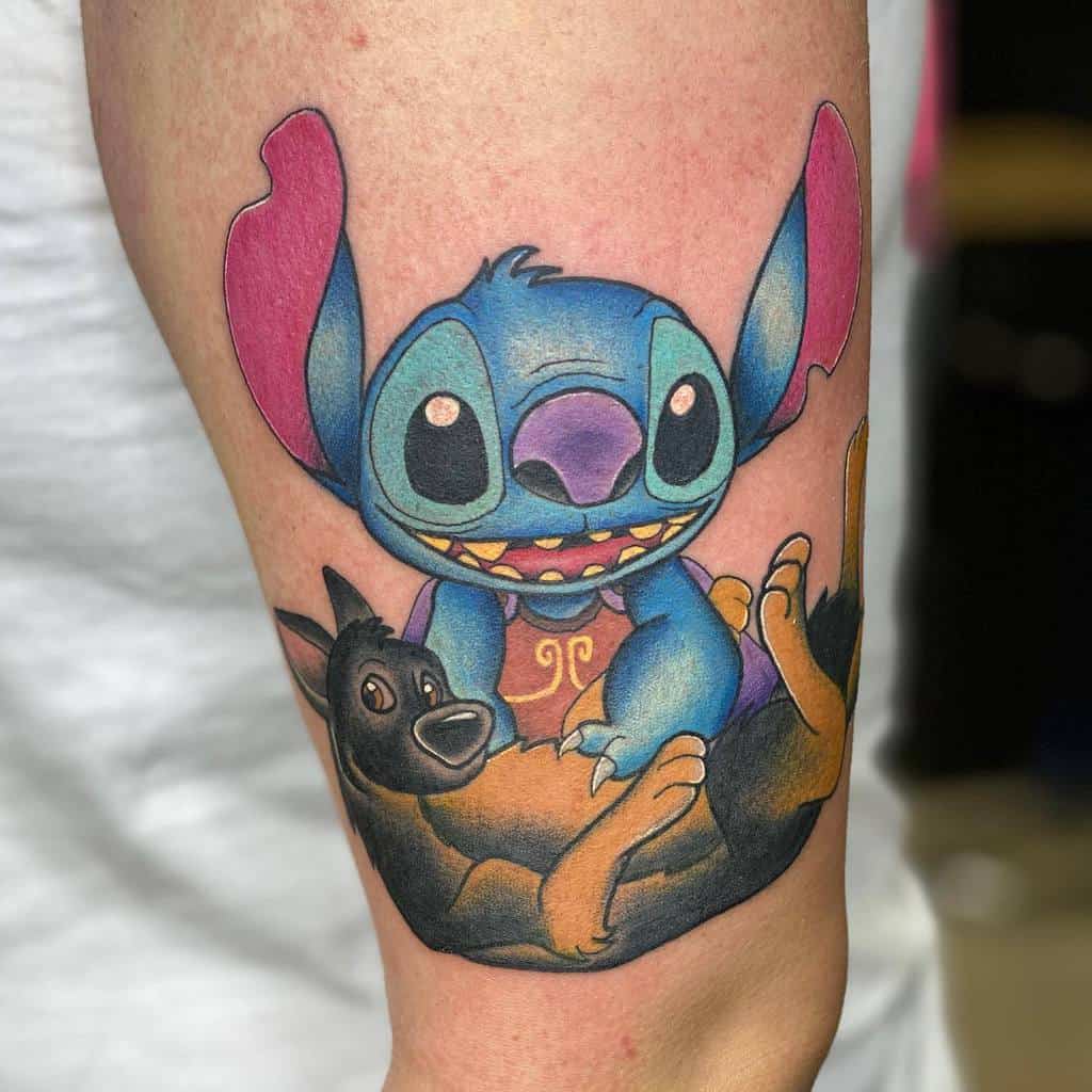 Colorful tattoo of Stitch from Lilo & Stitch sitting happily on top of a black dog, on the forearm.