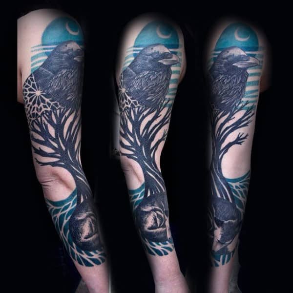 Black Crow And Fox Tree Sleeve Mens Tattoo Ideas