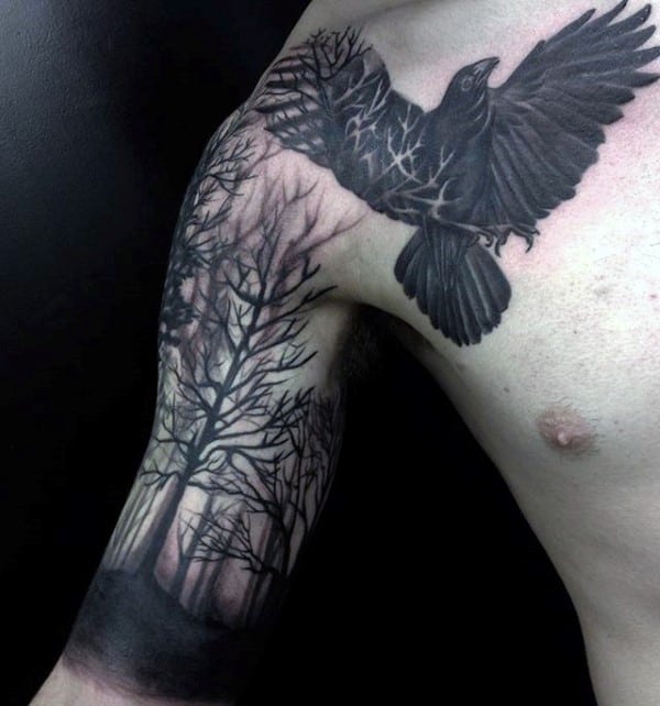 Black Crow Forest Trees Guys Arm And Chest Tattoo