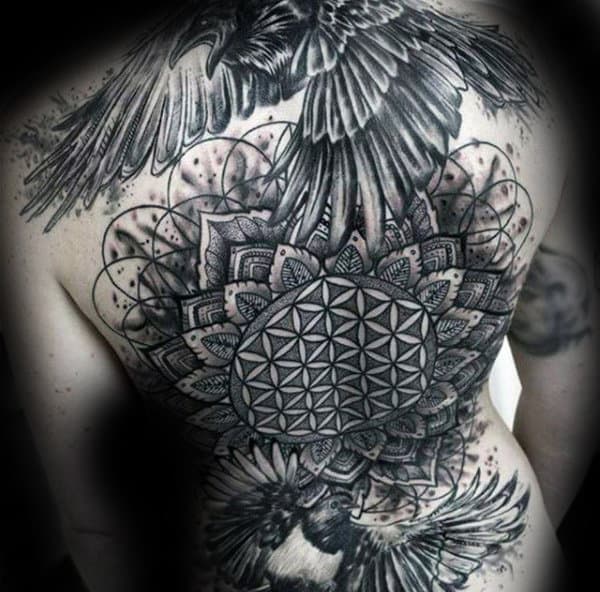 Black Crow Male Flower Of Life Back Tattoos