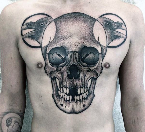 Black Crow Mens Detailed Large Skull Tattoo On Chest