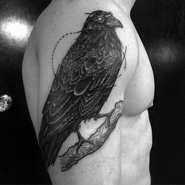 Black Crow On A Tree Brnach Mens Upper Arm Tattoo