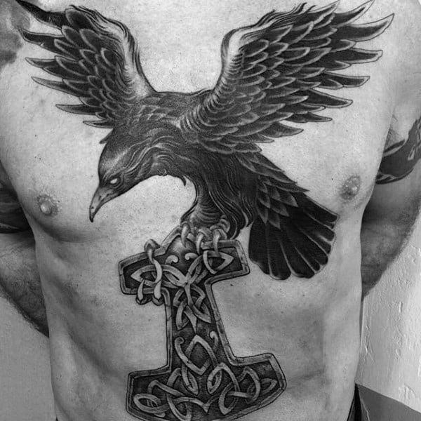 Black Crow With Celtic Knot Hammer Mens Chest Tattoos