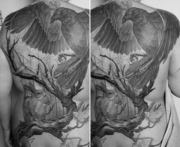 Black Crow With Rabbit Guys Forest Back Tattoos