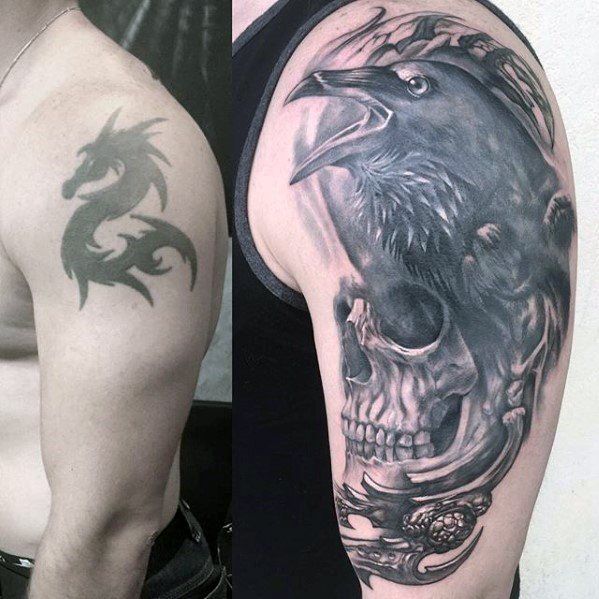 Black Crow With Skull Arm Cover Up Male Tattoos