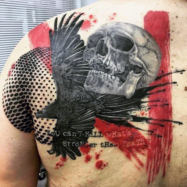 Black Crow With Skull Trash Polka Mens Shoulder Blade Tattoos
