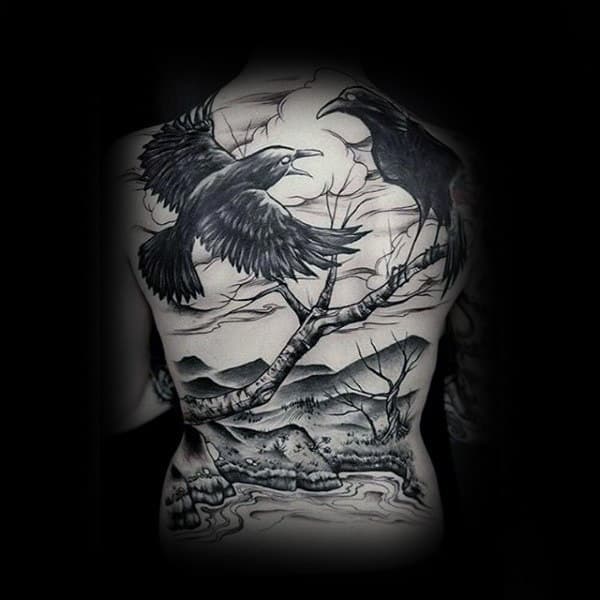 Black Crows In Tree Landscape Full Back Tattoos For Men