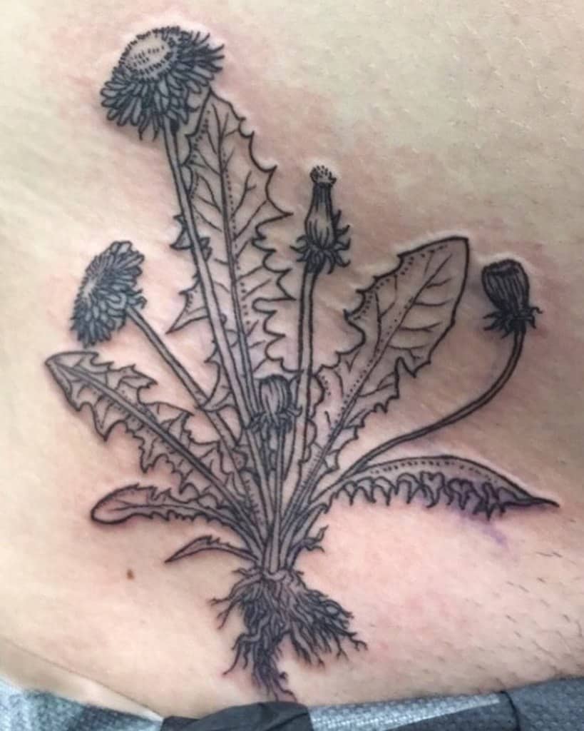 This tattoo features a detailed black outline of a dandelion plant with its roots visible, symbolizing growth, strength, and resilience.