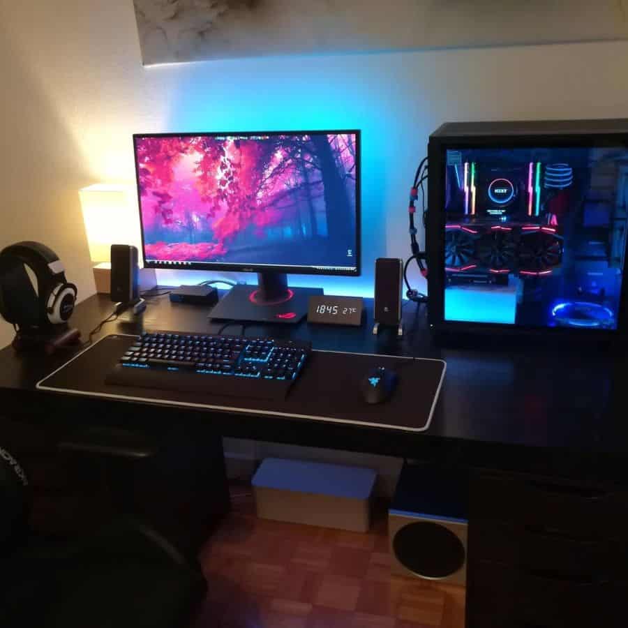 simple black desk setup fluro lights