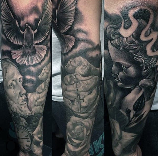 Black Dove And Cross Tattoo For Guys