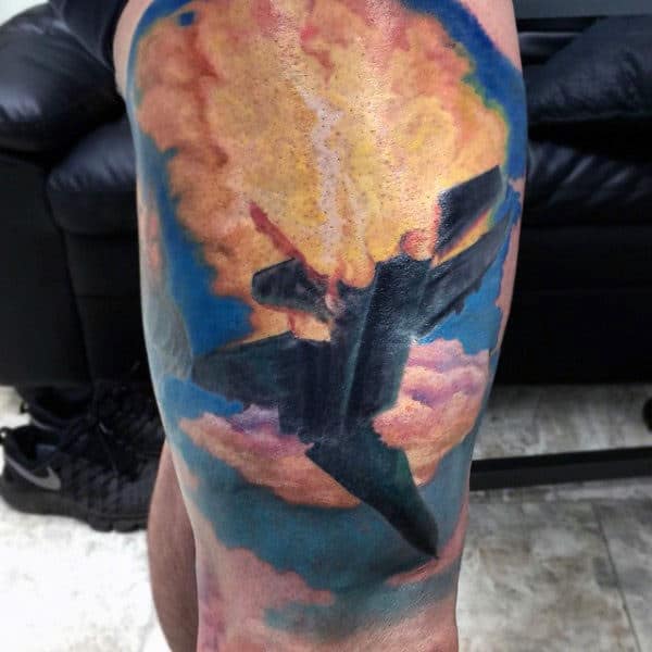 Black Exploding Jet Plane Flame Mens Tattoos