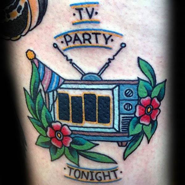 Colorful tattoo of a vintage TV with Black Flag bars on the screen, framed by flowers and banners reading "TV Party Tonight."
