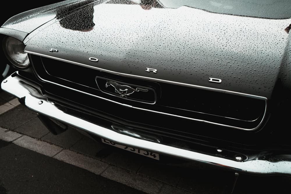 shot of the front hood of a black ford mustang wet with condensation