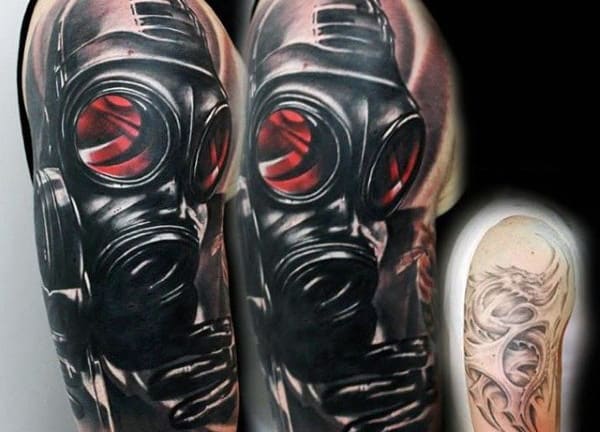 Black Gas Mask With Red Lenses Tattoo For Men On Arm Cover Up