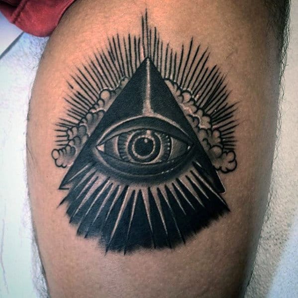 Black Glowing All Seeing Eye Mens Traditional Leg Tattoos