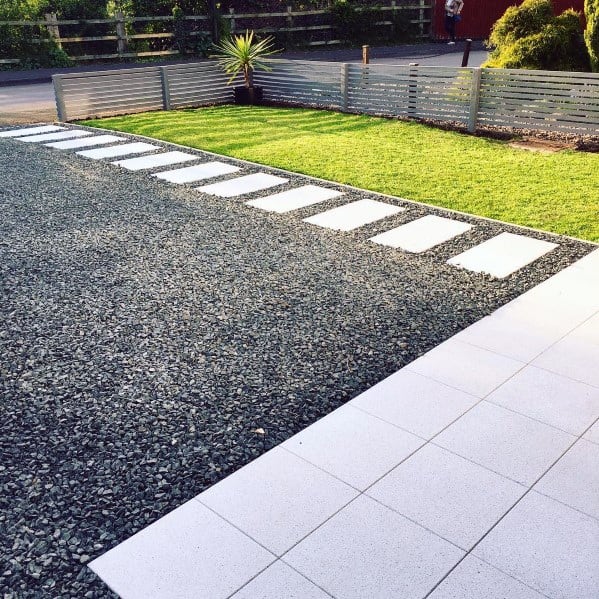 Black Gravel Driveway Ideas With Concrete Stepping Stones
