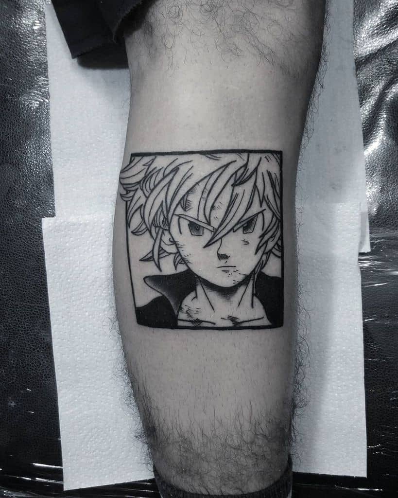 Black and white tattoo of Meliodas from The Seven Deadly Sins, framed in a comic-style box