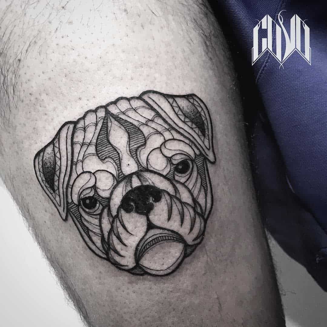 Black and grey tattoo of a pug's face, featuring intricate line work and shading