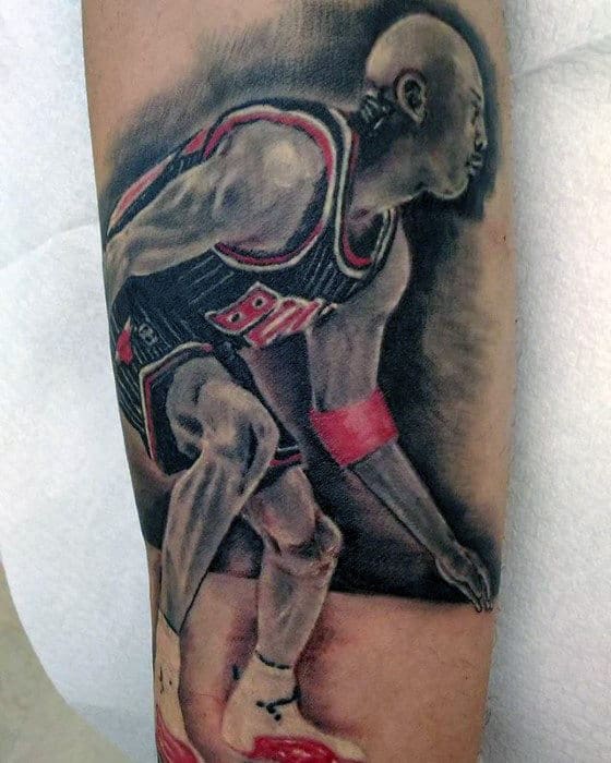 Black Grey And Red Guys Chicago Bulls Leg Tattoo