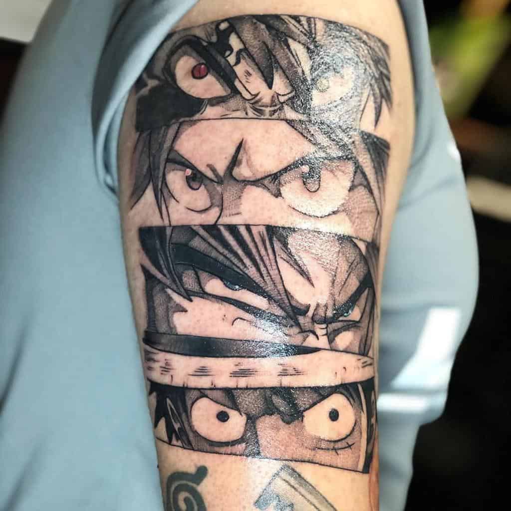 Black and grey anime tattoo featuring intense close-up eyes of iconic characters from Naruto, Dragon Ball, and One Piece, arranged in panels.