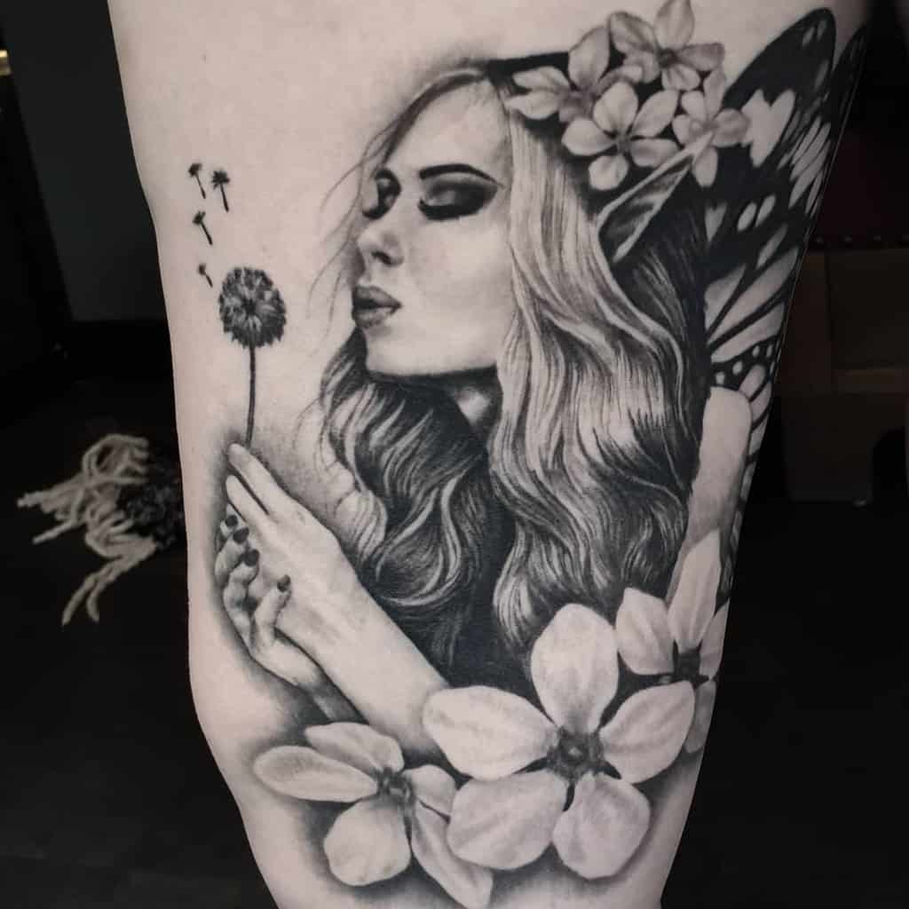 Black Grey Fantasy Kwadron Fairy Tattoo