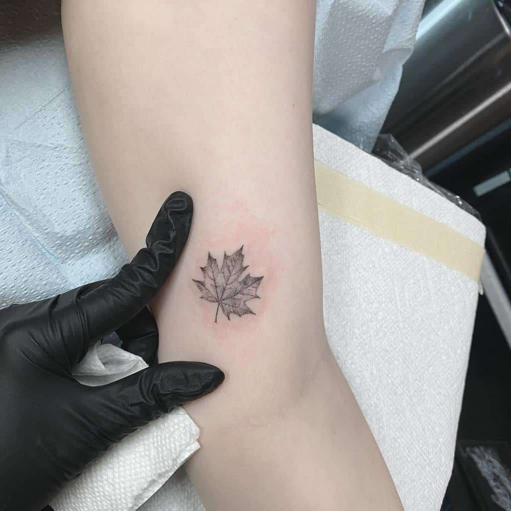 A single needle maple leaf tattoo on an arm being held by a black-gloved hand