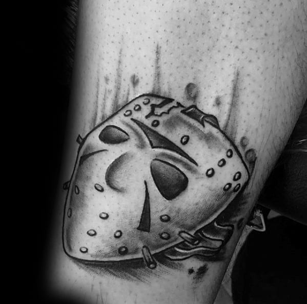 Black Grey Shaded Thigh Mens Tattoo With Jason Mask Design