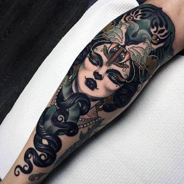 Black Haired Lady And Beast Neo Traditional Tattoo Mens Forearms
