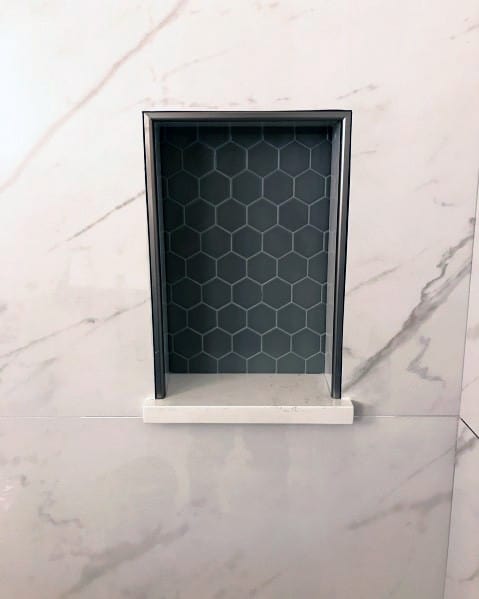 Black Hexagon Pattern Shower Niche Ideas With Large Format Marble Tiles
