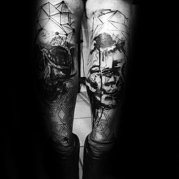 Black Ink Abstract Male Trash Polka Leg Tattoos