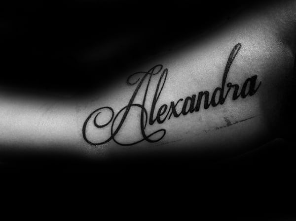 Black Ink Alexandra Name Inner Arm Tattoo On Guy