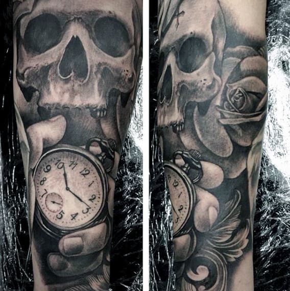 Black Ink Amazing Pocket Clock Tattoo On Sleeves For Guys