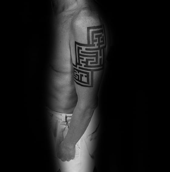 Black Ink Arm Cool Maze Tattoo Design Ideas For Male