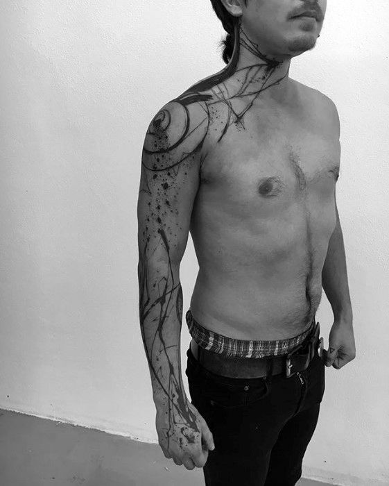 Black Ink Artsy Full Arm And Neck Guys Tattoos