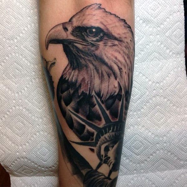 Black Ink Bald Eagle And Statue Of New York Tattoos Mens Forearms