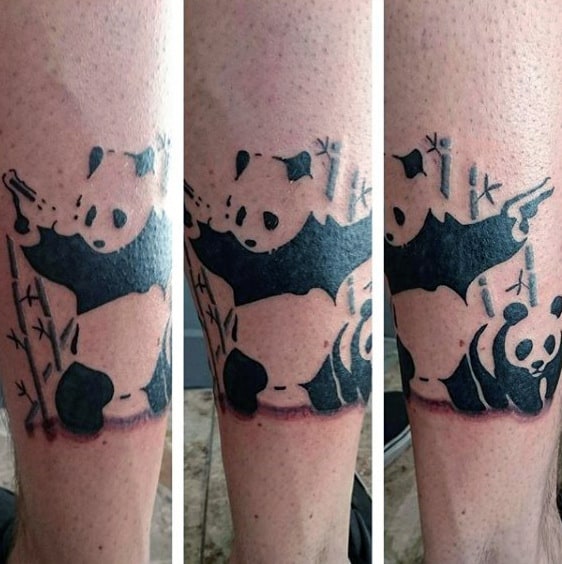 Black Ink Banksy Panda With Gun Mens Leg Tattoos
