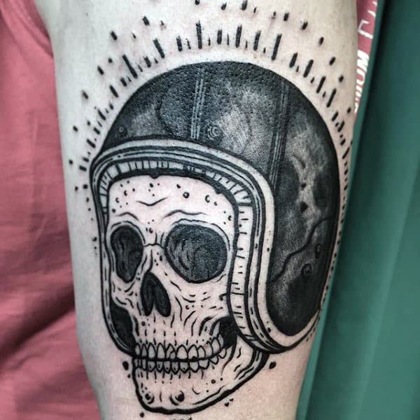 Black Ink Biker Skull With Helmet Mens Arm Tattoo