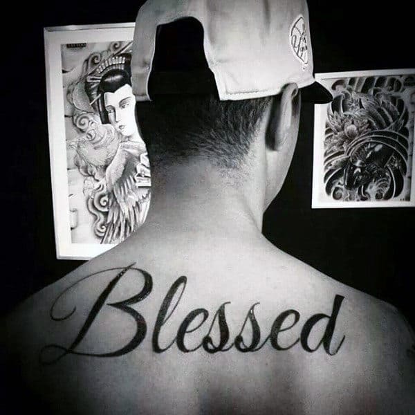 Black Ink Blessed Mens Upper Back Tattoos