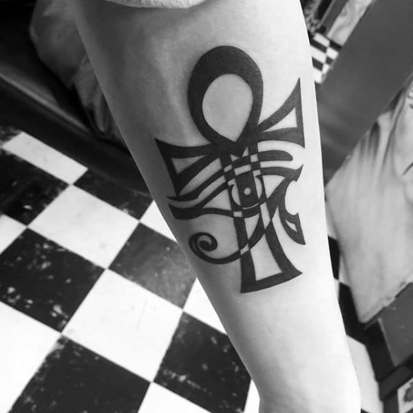 Black Ink Bold Ankh Inner Forearm Tattoos For Guys
