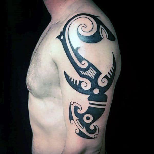 Black Ink Bold Guys Hammerhead Shark Tribal Tatto On Upper Arm