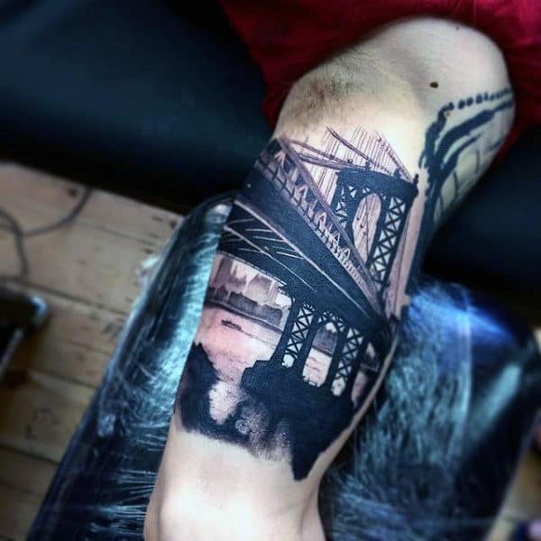 Black Ink Bridge Over Water Mens Bicep Tattoos