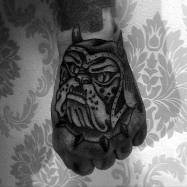 Black Ink Bulldog Traditional Hand Tattoos For Men