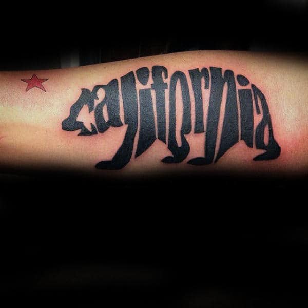 Black Ink California Bear Lettering Text Tattoo Designs For Guys