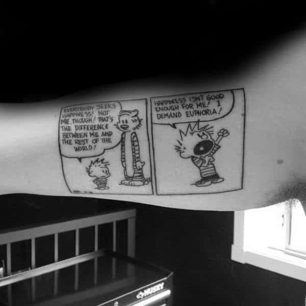 Black Ink Calvin And Hobbes Comic Strip Male Inner Arm Bicep Tattoos