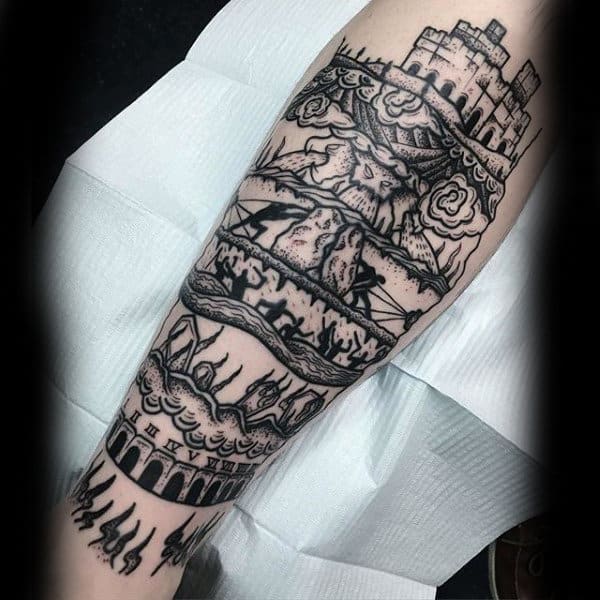 Black Ink Castle Shin Dotwork Mens Tattoo Ideas
