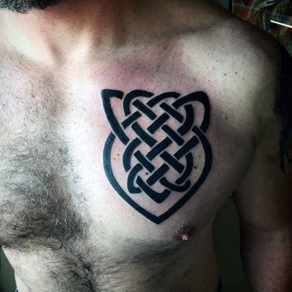 Black Ink Celtic Knot Interlacing Tattoo Ideas On Chest