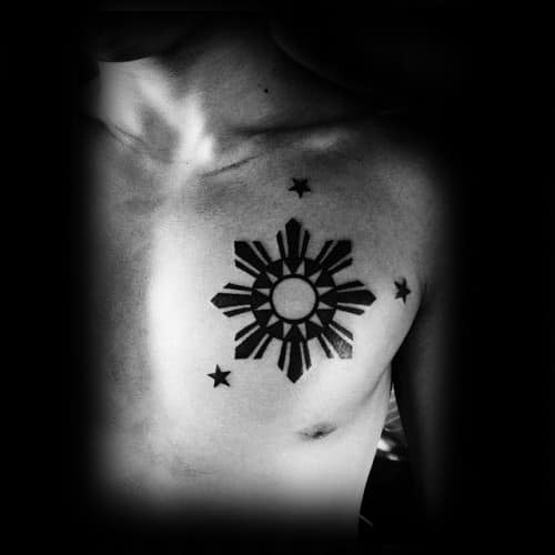 Black sun and stars tattoo on a chest, framed in a dark vignette