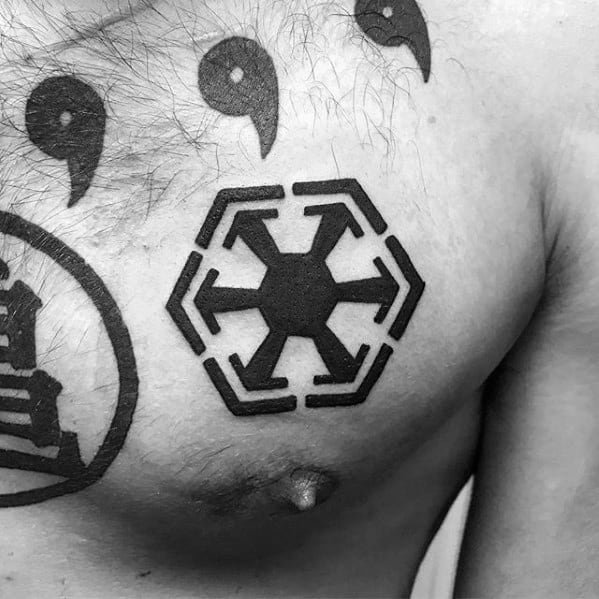 Bold black Sith Empire symbol tattooed on the chest, centered between collarbone and nipple with surrounding punctuation designs.