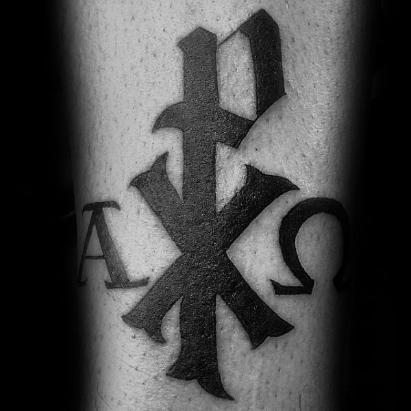 Black Ink Chi Rho Christogram Symbolism Male Tattoos