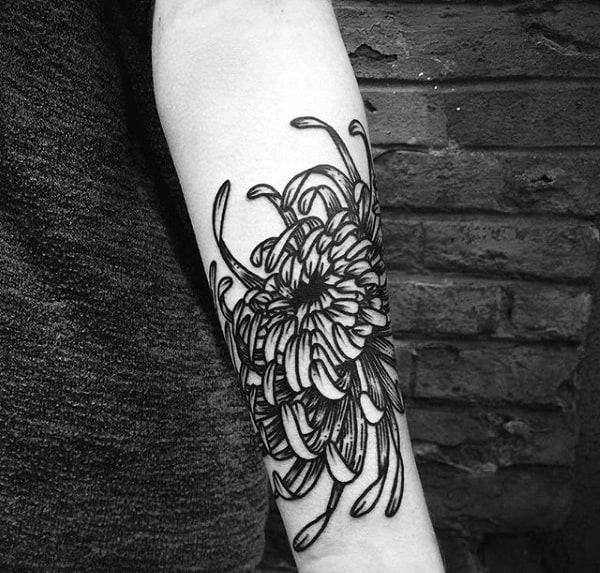 Black Ink Chrysanthemum Male Outer Forearm Tattoos